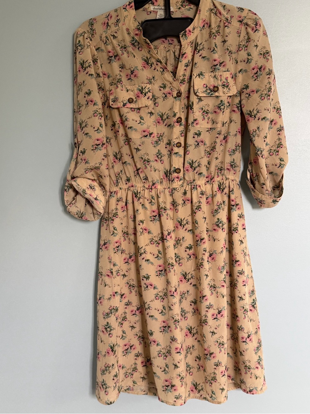 Charlotte Russe Beige Midi Dress with Pink Floral Print